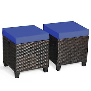 Wicker Outdoor Ottoman with Navy Blue Cushion (2-Pack)