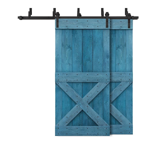 CALHOME 44 in. x 84 in. Mini X-Bypass Ocean Blue Stained DIY Solid Wood Interior Double Sliding Barn Door with Hardware Kit