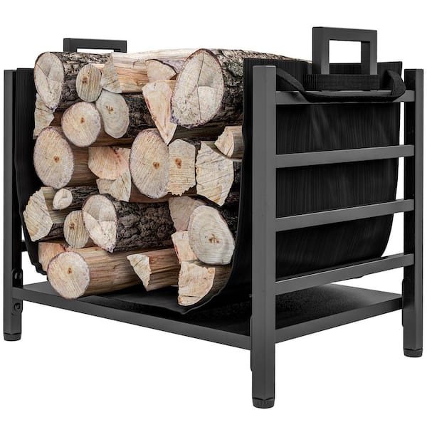 Unbranded 19.3 in. x 13.4 in. Outdoor Metal Firewood Rack in Black with Removable Log Carrier and Handles