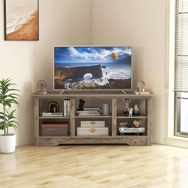 Costway Grey TV Stand Entertainment Center Fits TVs up to 65 in. with 18 in. Electric Fireplace Compatibility