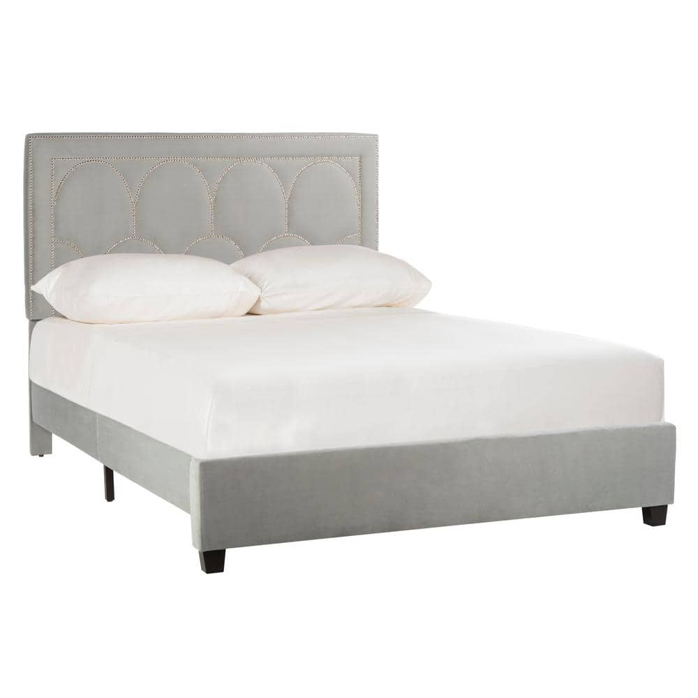 Elegant Transitional Queen Platform Bed in Plush Grey Velvet with Nailhead Trim