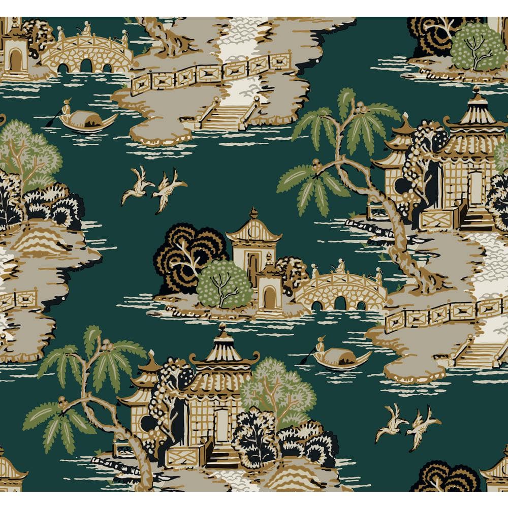 York Wallcoverings Pagoda And Sampan Scenic Forest Wallpaper Roll ...