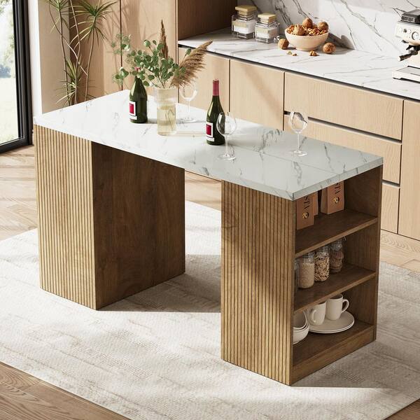 White Marble Top 63 in. Farmhouse Kitchen Island with Wood Legs, Stationary Island Table with 6 Shelves