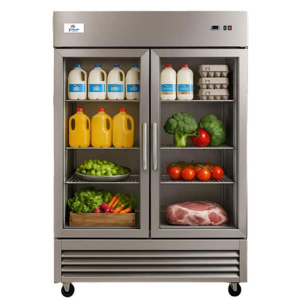 54 in. W 47 cu.ft Two Glass Door Refrigerator Display Reach-In Upright Commercial Merchandiser in Stainless Steel