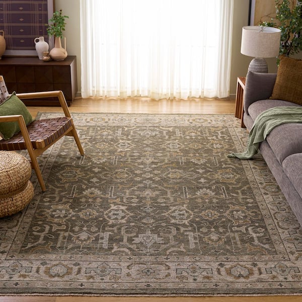 Izmir 12 ft. x 18 ft. Linen/Dusty Teal Border Distressed Area Rug