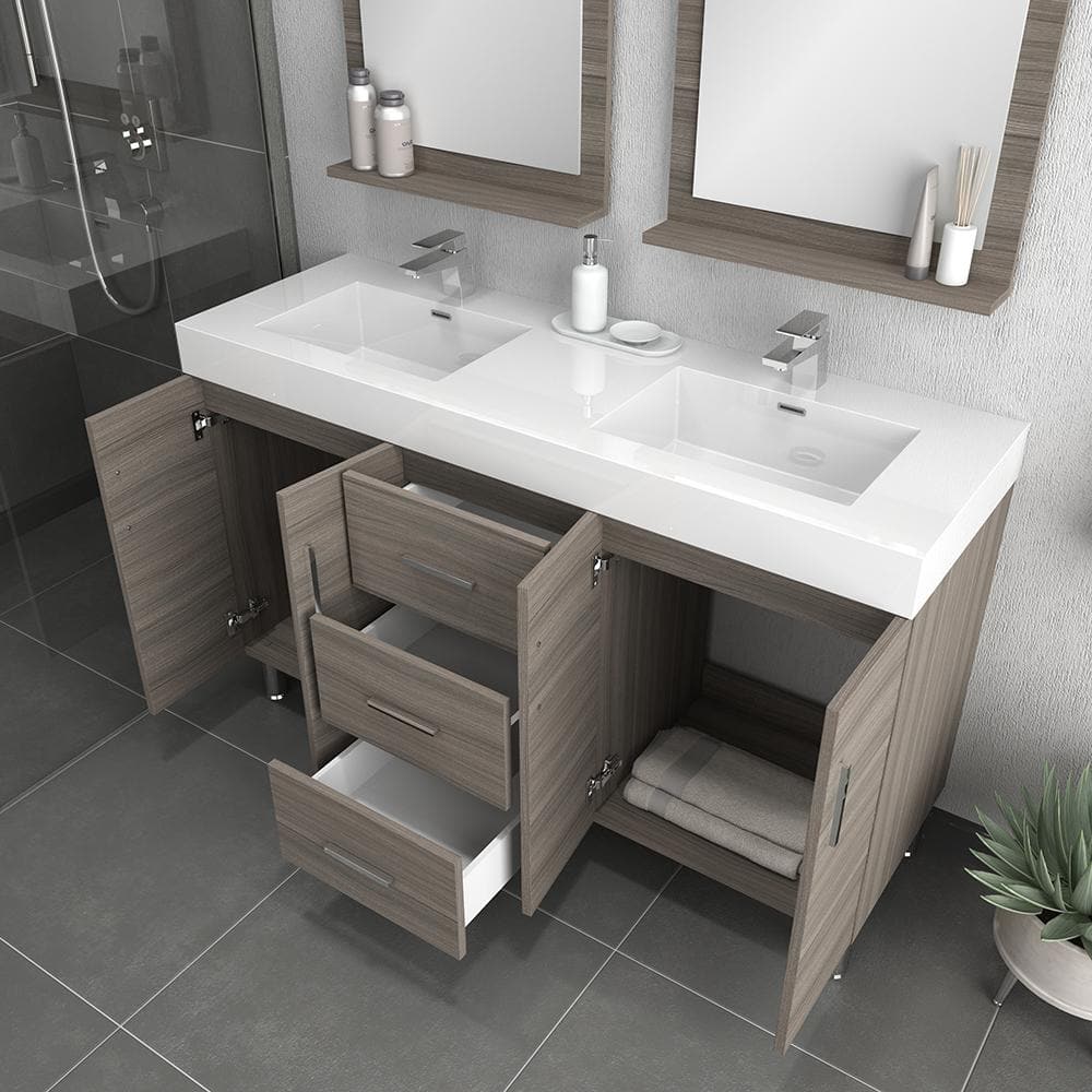 Ripley 60" Gray MDF Double Sink Freestanding Bathroom Vanity