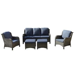 New Kenard Gray 5-Piece Wicker Outdoor Patio Conversation Seating Set with Denim Blue Cushions