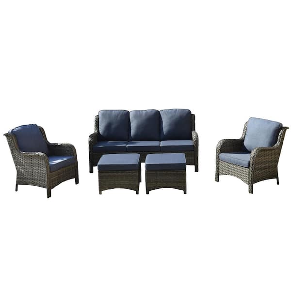 OVIOS New Kenard Gray 5-Piece Wicker Outdoor Patio Conversation Seating Set with Denim Blue Cushions