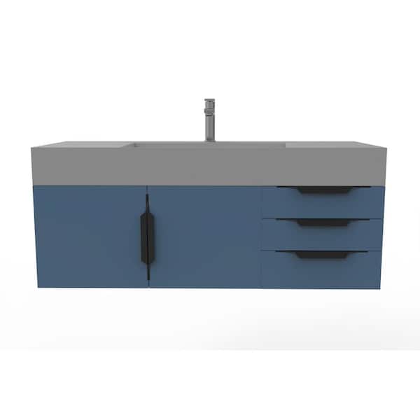 castellousa Maranon 48 in. W x 19 in. D x 19.75 in. H Single Bath Vanity in Matte Blue With Black Trim and Gray Solid Surface Top