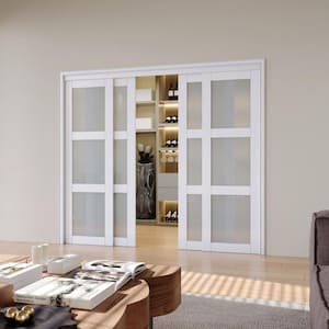96 in. x 80 in. 5 Lites Frosted Glass White MDF Closet Sliding Door with Hardware Kit
