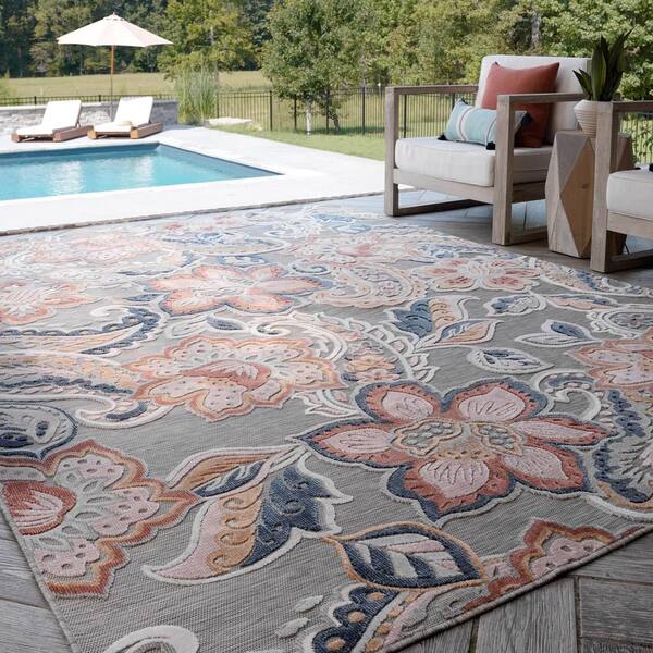 Tropic Floral Gray 8 ft. x 10 ft. Indoor/Outdoor Area Rug