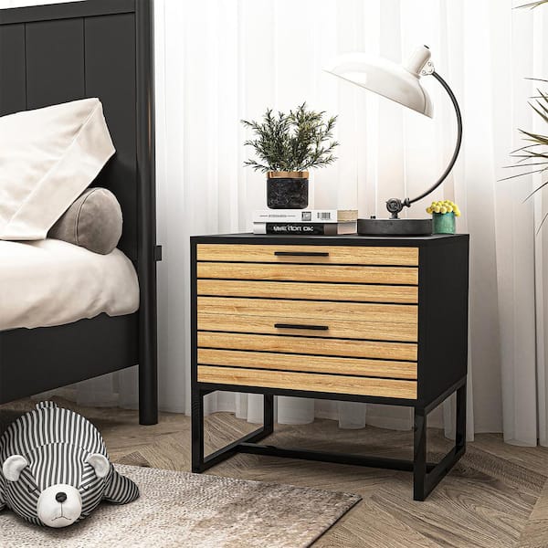 CIPACHO Natural and Black 2-Drawers 19.72in. Width Modern Nightstand