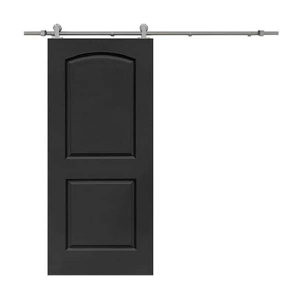 CALHOME 36 in. x 80 in. Black Stained Composite MDF 2-Panel Round Top Interior Sliding Barn Door with Hardware Kit