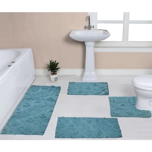 Modesto Bath Rug 100% Cotton Bath Rugs Set, 4-Pcs Set with Runner, Blue