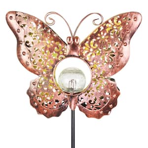 Solar Fleur de Lis Filigree Butterfly with Glass Crackle Ball Center 3.25 ft. Bronze Metal Garden Stake