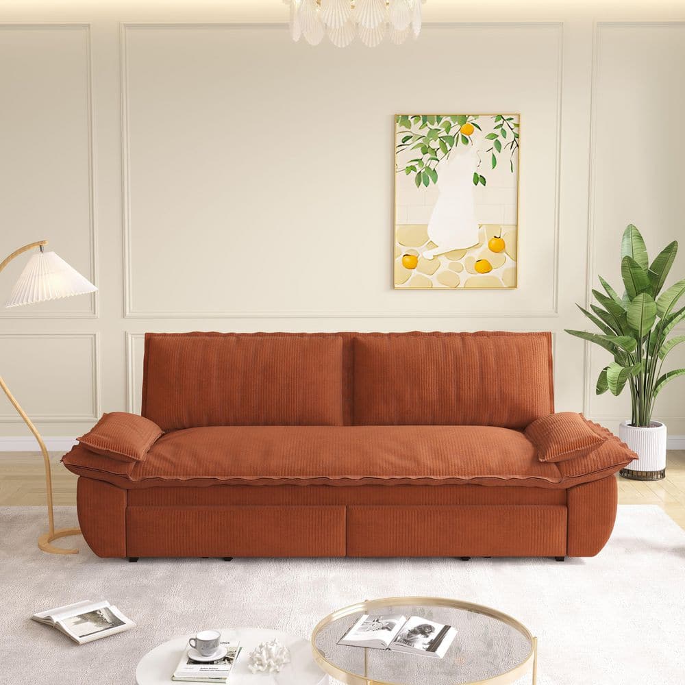 73.2 in. Square Arm Corduroy Rectangle Sofa in Orange with Sofa Cushions