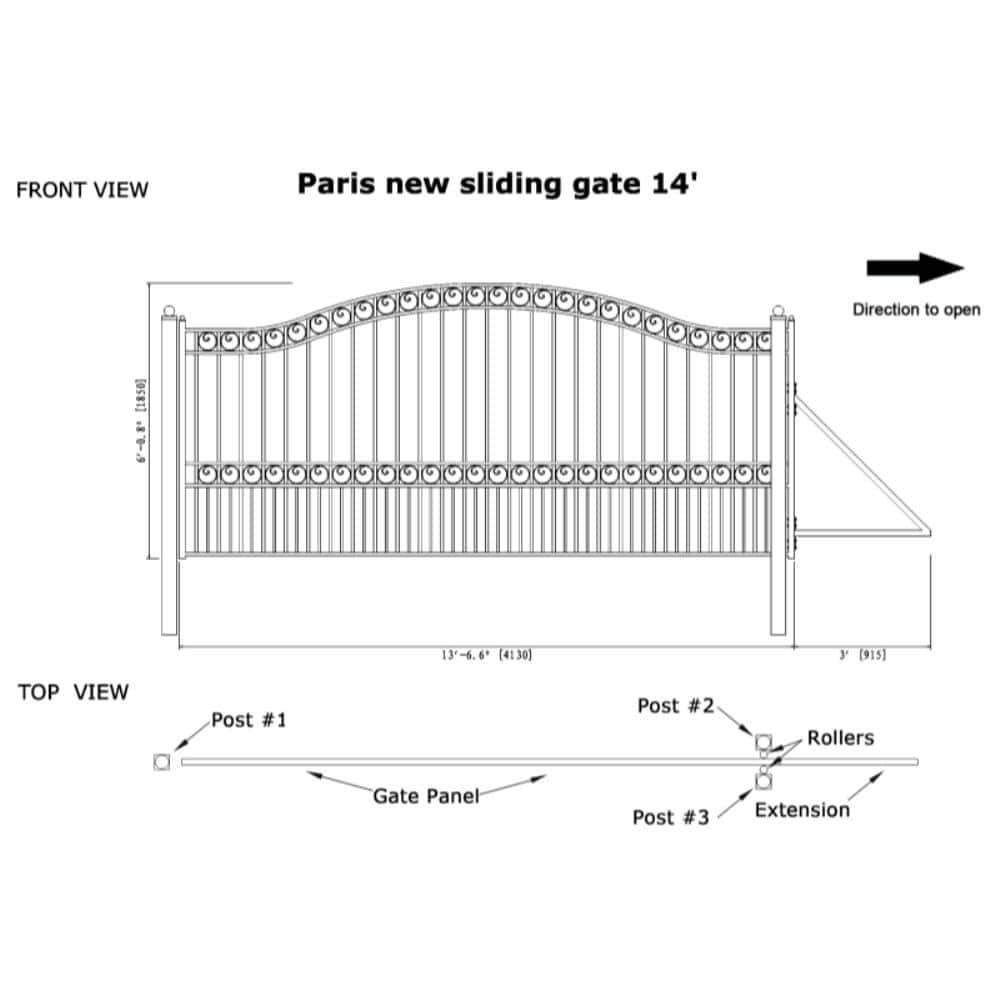 14 ft Black Iron Paris Style Single Swing Driveway Gate