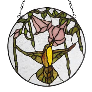 Green Hummingbird with Pink Hibiscus Flowers Clear Stained Glass Window Panel