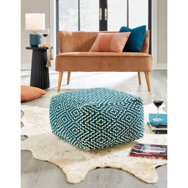 Signature DESIGN BY ASHLEY Brynnsen Teal/Ivory Cotton Square Pouf