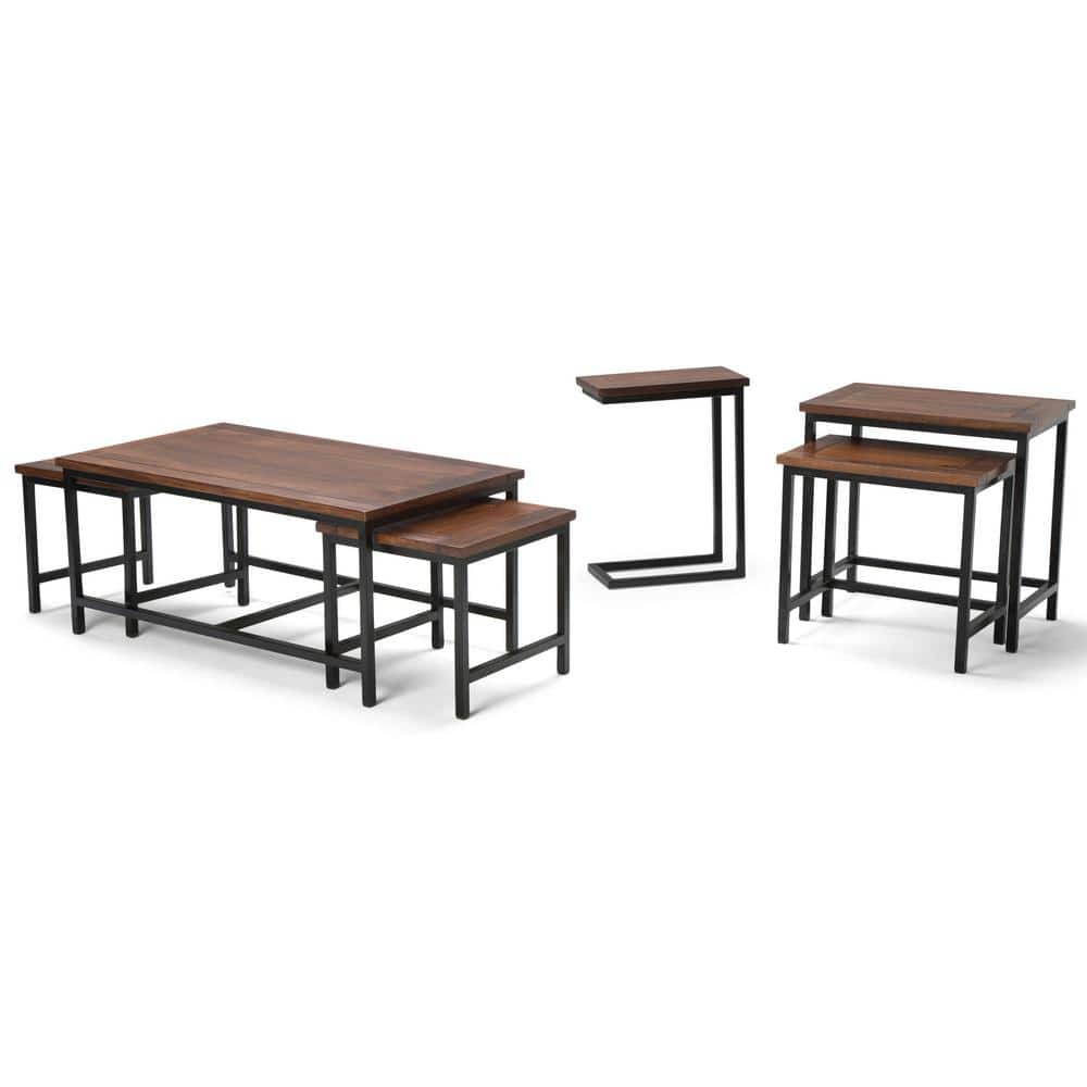 Modern Industrial Cognac Brown Mango Wood and Metal C-Side Table