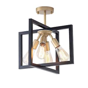 16 in. 4-Light Black and Gold Cluster Square Semi-Flush Mount, Farmhouse Ceiling Lamp for Hallway, Bedroom