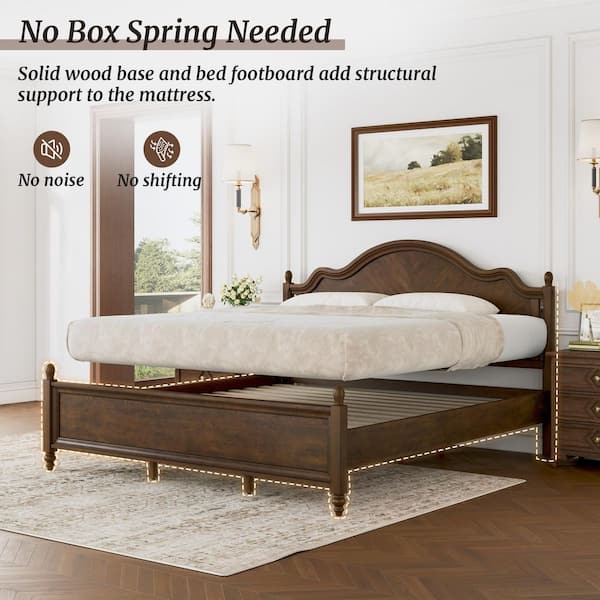 Aubel Dark Walnut Brown Mid-Century Solid Wood Frame King Size Platform Bed with Herringbone-Inspired Pattern Headboard