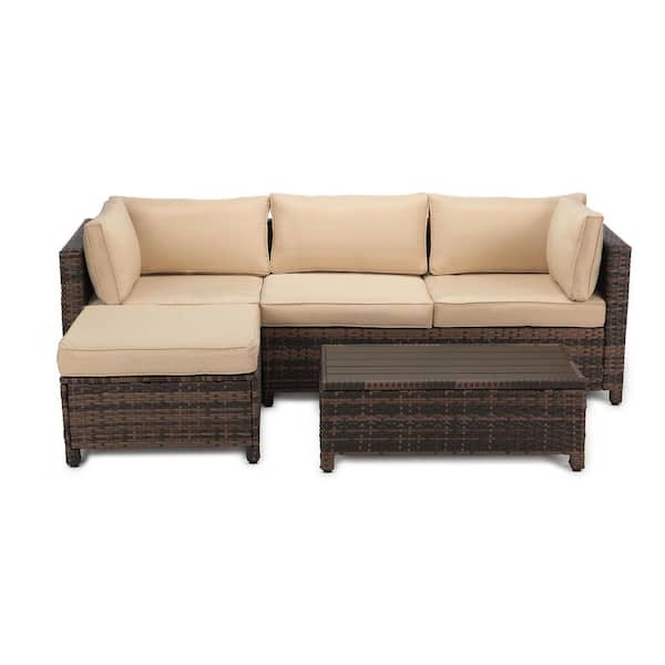 3-Piece Wicker Patio Sectional Seating Set with Beige Cushions