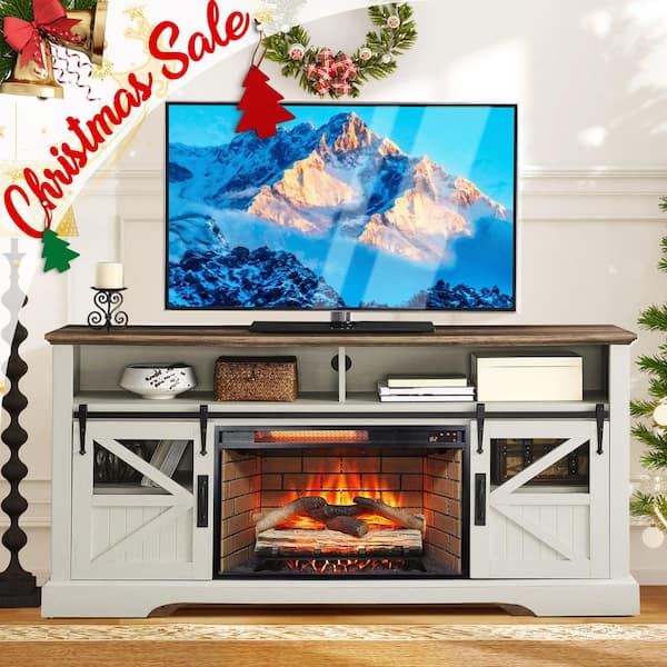 60 in. Freestanding Electric Fireplace TV Stand in White with 26 in. Fireplace Insert, Tempered Glass Front, Remote