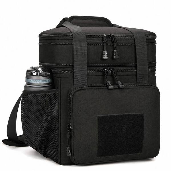 Black Expandable Tactical Lunch Bag with Dual Compartments, 16 L Capacity and Removable Shoulder Strap