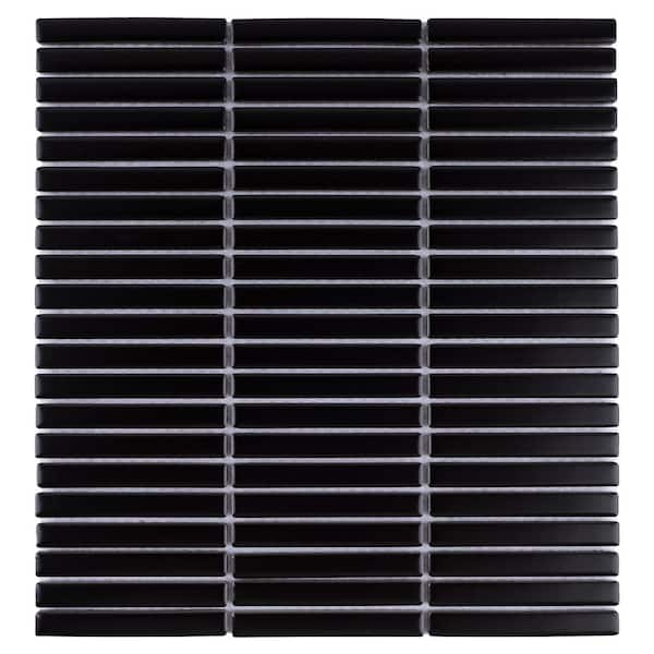Porcetile Matte Black 11.2 in. x 11.91 in. Stacked Porcelain Mosaic Wall and Floor Tile (9.3 sq. ft./Case)