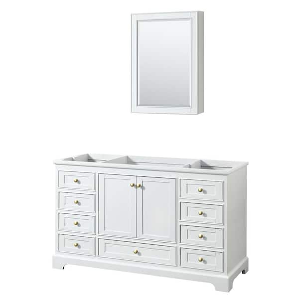 Wyndham Collection Deborah 59.25 in. W x 21.5 in. D x 34.25 in. H Bath Vanity Cabinet without Top in White with Gold Trim and MC Mirror