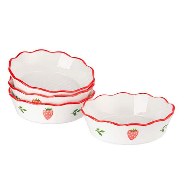 Strawberry Pattern 4-Piece Round Porcelain Mini Pie Plate Set Durable Deep Dish Baking Pans for Tarts Quiche
