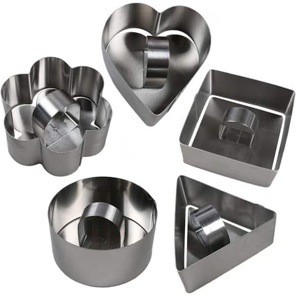 5-Pieces Stainless Steel Cake Ring Mold Set Round Heart Square Shape Cutters for Salads Cakes Cookies Desserts