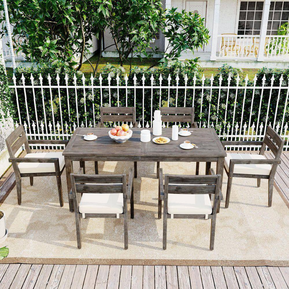7-Piece Acacia Wood Outdoor Conversation Patio Furniture Set with Beige Cushions