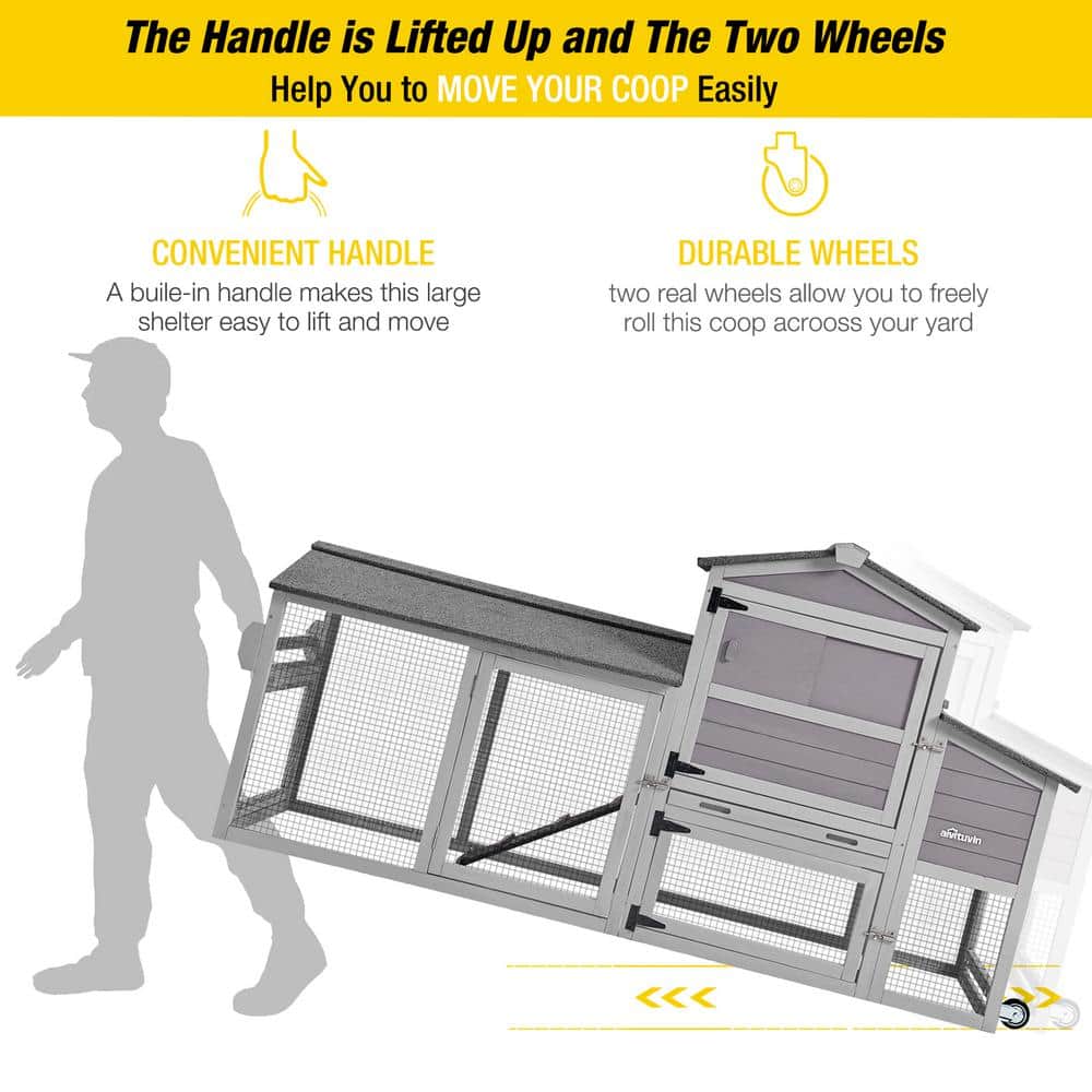 Gray and White Mobile Chicken Coop with Metal Wheels