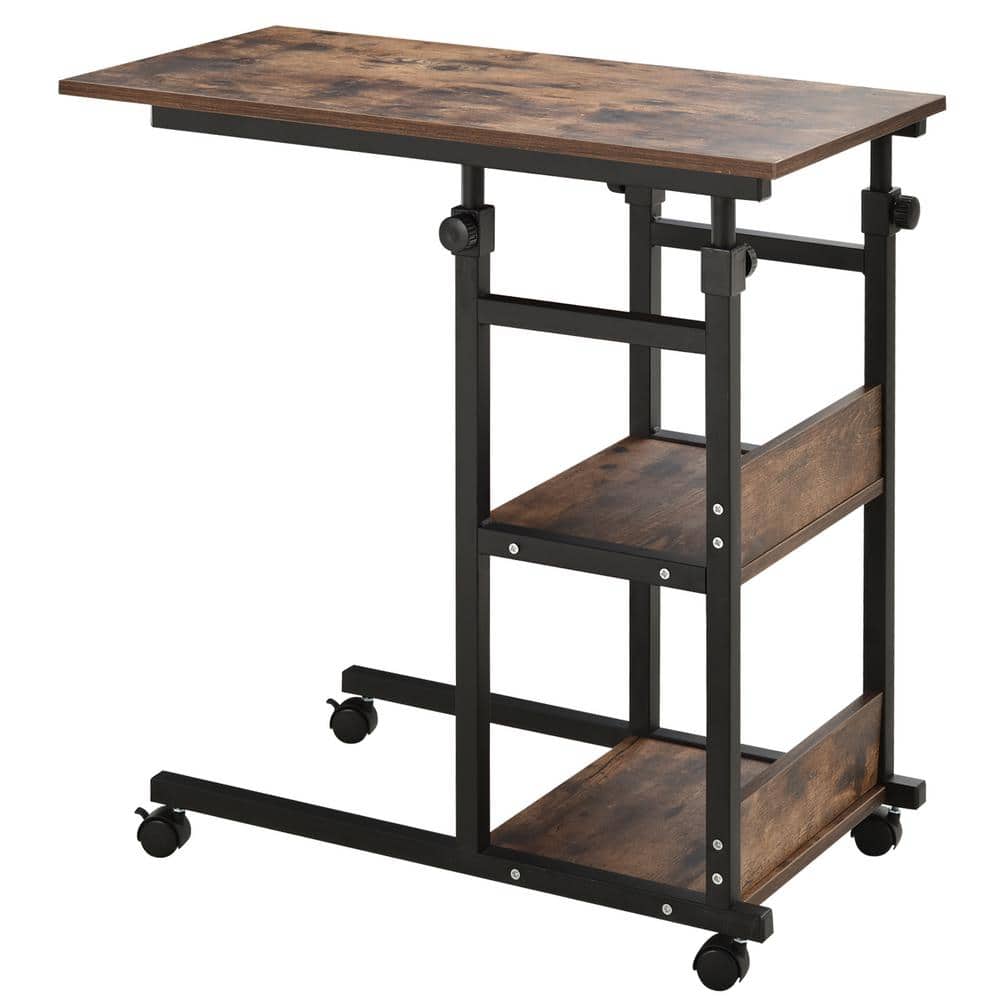 31.5 in. Brown C-Shaped Wooden End Table with 3-Tier Storage Shelving