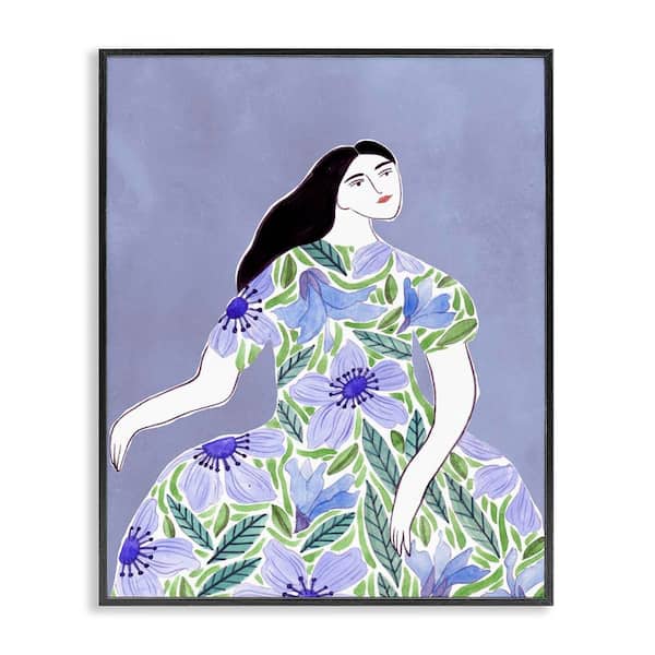 Stupell Industries Woman in Blue Floral Gown by Melissa Wang Black Framed People Giclee Art Print 14 in. x 11 in.