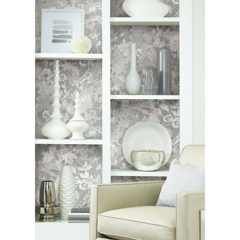 Grey and White Floral Self-Adhesive Peel and Stick Wallpaper Roll