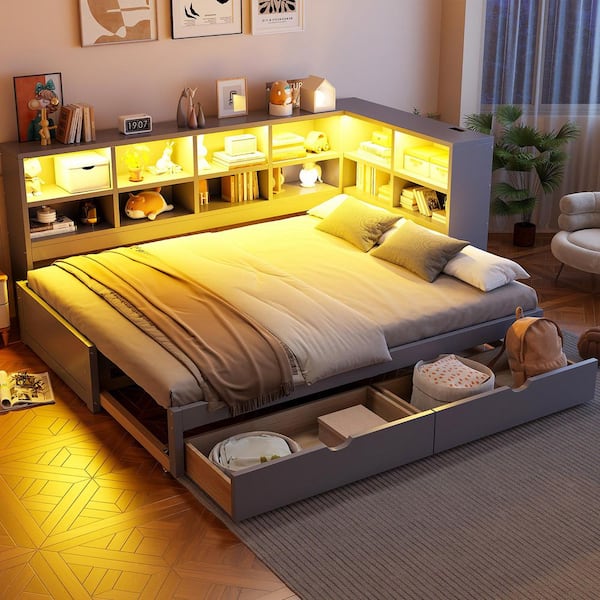 Gray Wood Frame Twin XL to King Size Daybed with LED Light, 2-Drawers, Storage Shelves, USB Charging Station