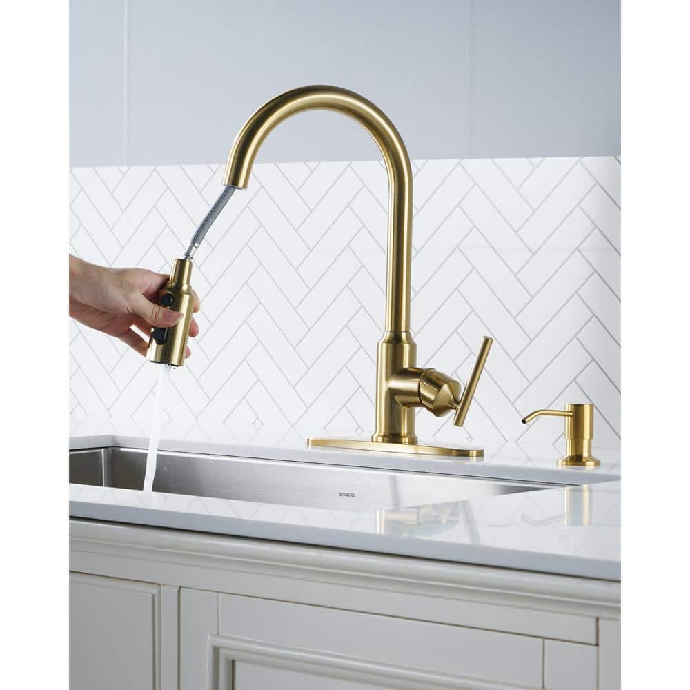 Gold Stainless Steel Pull Down Kitchen Faucet with Soap Dispenser