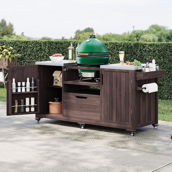 Runesay Farmhouse Dark Brown Steel 66.5 in. Outdoor Patio Internal Rack Kitchen Island Compatible 21 in. Big Grills with Drawer