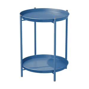 Blue Round Outdoor Coffee Table 2-Tier, Weather Resistant Metal Side Table for Balcony, Porch, Deck, Poolside