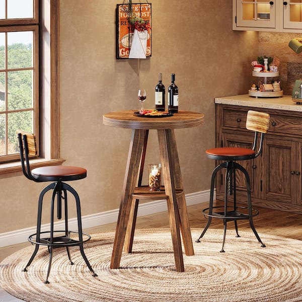 Vintage Round 38.19-Inch Industrial Brown 2-Tier Storage High Bar Pub Kitchen Patio Dining Table Wood Cocktail Bistro
