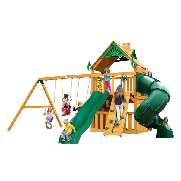 Gorilla Playsets Mountaineer Clubhouse Wooden Outdoor Playset with Tube Slide, Rock Wall, Swings, and Backyard Swing Set Accessories