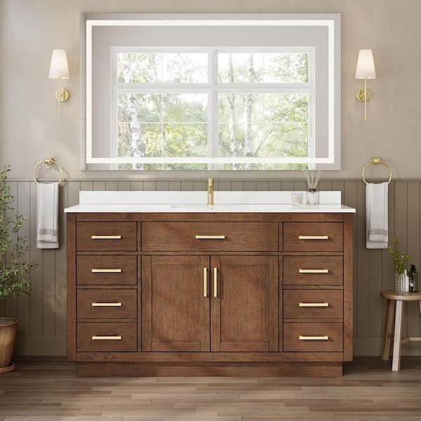 Beckett TK 60 in. Single Freestanding Dark Oak with Brushed Gold Trim Bath Vanity with Giotto Quartz Top