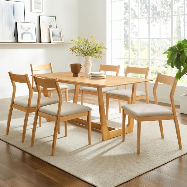 Solara 7 Piece Wood Dining Set with Side Chairs in Natural Heathered Weave Beige