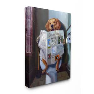 16 in. x 20 in. "Dog Reading the Newspaper On Toilet Funny Painting" by Artist Lucia Heffernan Canvas Wall Art