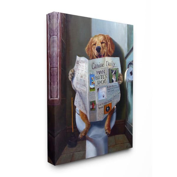 Stupell Industries 16 in. x 20 in. "Dog Reading the Newspaper On Toilet Funny Painting" by Artist Lucia Heffernan Canvas Wall Art
