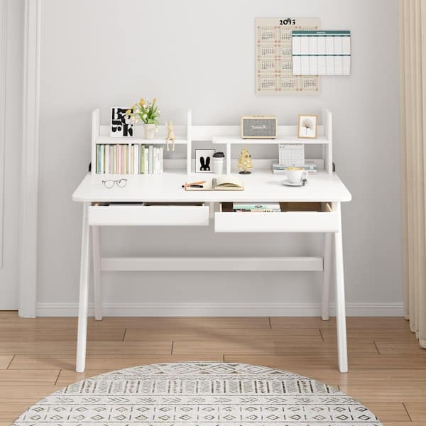1-Piece White Kids Study Desk Rubber Wood with Bookshelf and 2-Drawers, Study/Writing Table for Bedroom Home Office