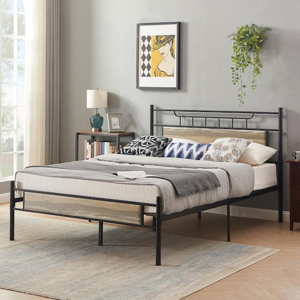 Industrial Bed Frame, Gray Metal Frame Queen Platform Bed with Wood Headboard and Footboard, Under Bed Storage